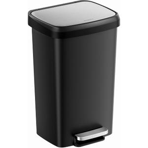 SONGMICS Plastic Kitchen Trash Can, 12-Gallon (45 L) Garbage Can with Stainless Steel Lid, Soft Close, Pedal Waste Bin with Wheels and Rear Handle, Ink Black ULTB533B01