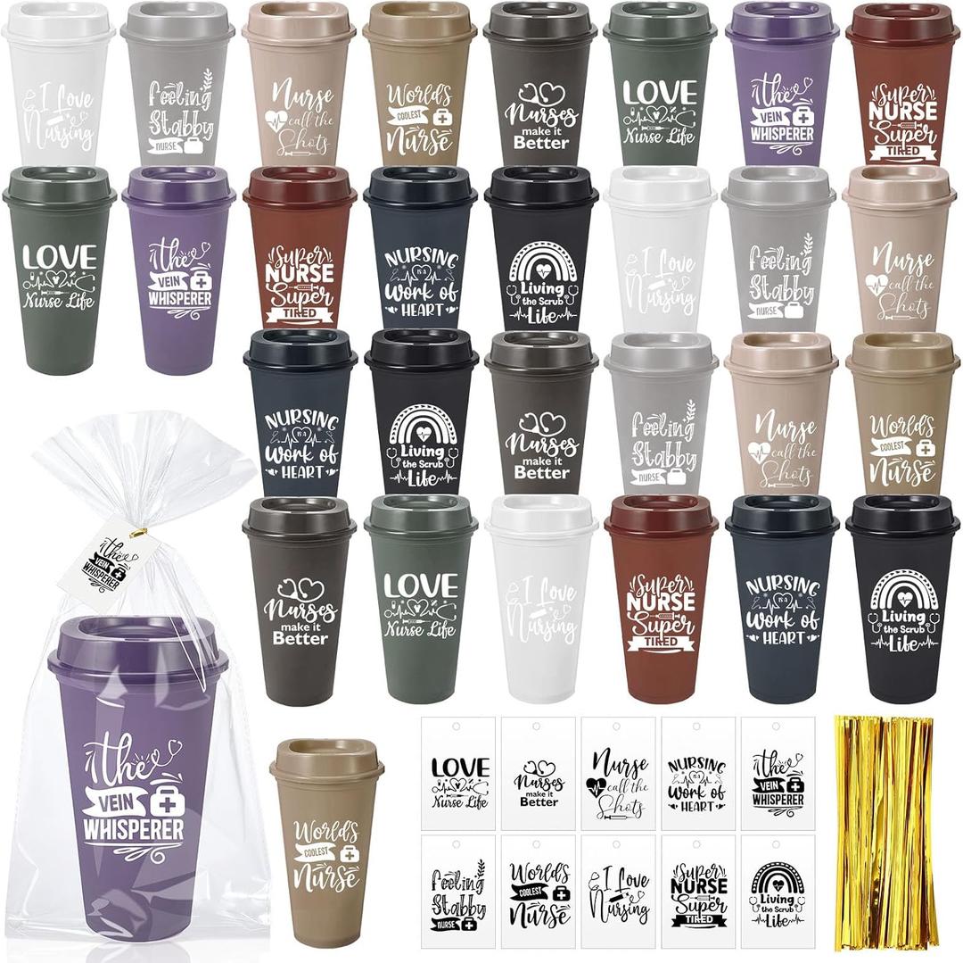 Jinei 30 Pack Nurse Appreciation Gifts 16 oz Plastic Tumblers Bulk Thank You Coffee Cups Reusable Water Bottle with Cards and Bags for Nurse Women Holiday Gifts(Lovely,Dusty)