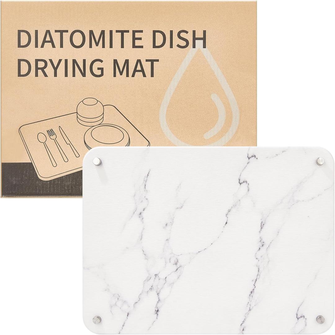 Stone Dish Drying Mat for Kitchen Counter, Quick Drying Diatomaceous Earth Dish Drying Mat with 4 Metal Brackets for Kitchen Sink, Size 15.7 x 11.8 Inches, White Marble Style