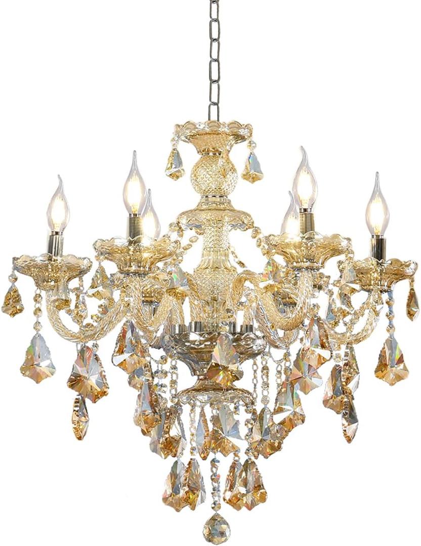 Durahonn Modern K9 Crystal Chandelier Cognac 6 Lights, E12 Base Candle Crystal Pendant Lighting Fixture, Elegant Crystal Ceiling Light for Dinning Living Room Bedroom Hallway (6 Lights)