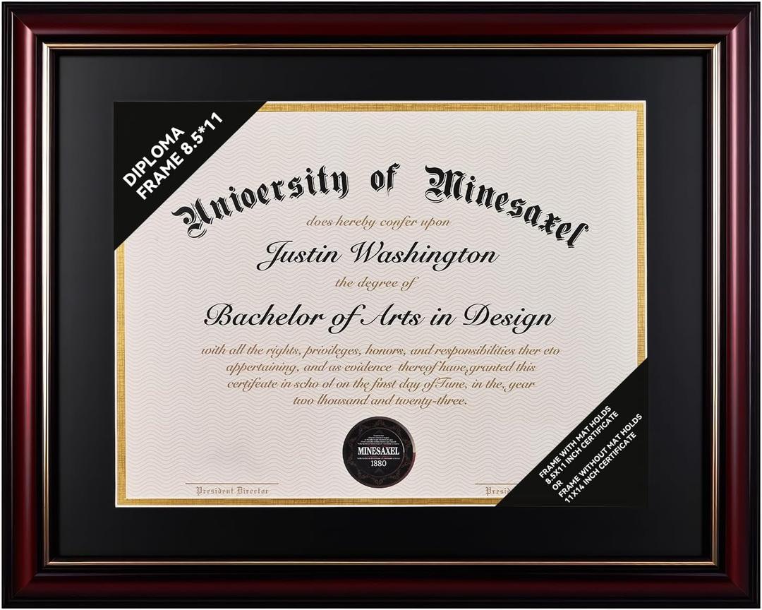 Solid Wood Diploma Frame 8.5 x 11 Certificate Frames with Black Mat or 11x14 Document without Mat as Graduation Picture Frame