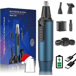 AREYZIN Nose Hair Trimmer for Men,2025 Professional 3 in 1 Painless Rechargeable Ear and Nose Trimmer,IPX7 Waterproof Eyebrow Facial Hair Trimmer Body Grooming Kit Dual Edge Blades (Blue)
