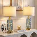Oneach 24.5" Bedside Table Lamps Set of 2, Blue Coastal Nightstand Lamps with Night Light, USB A+C Charging Ports, Glass Lamps for Bedroom, Living Room, End Table (2 Bulbs Included)