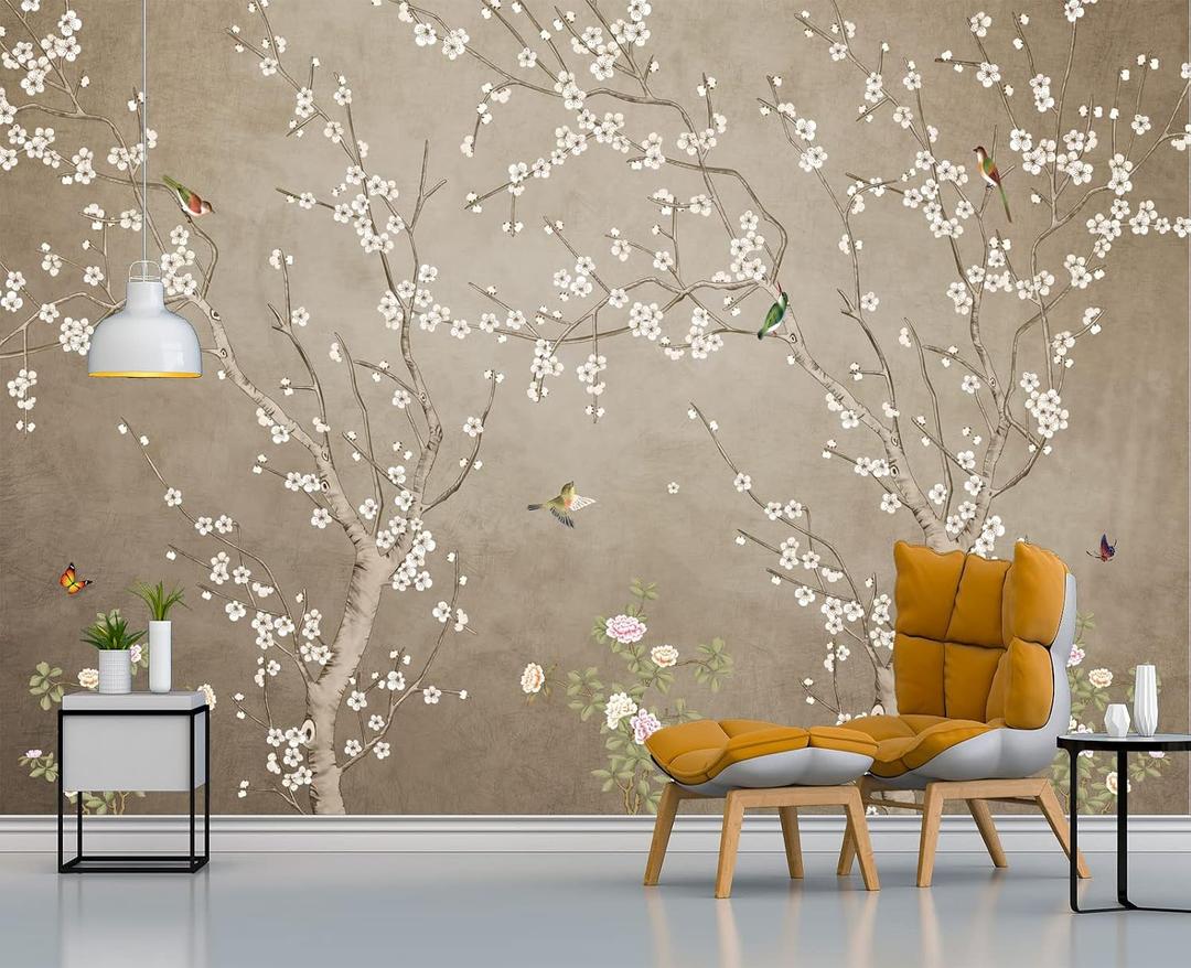 Plum Blossom Flower Bird Chinoiserie wall Mural Wallpaper for Bedroom 137" x 100"(Not Peel and Stick)