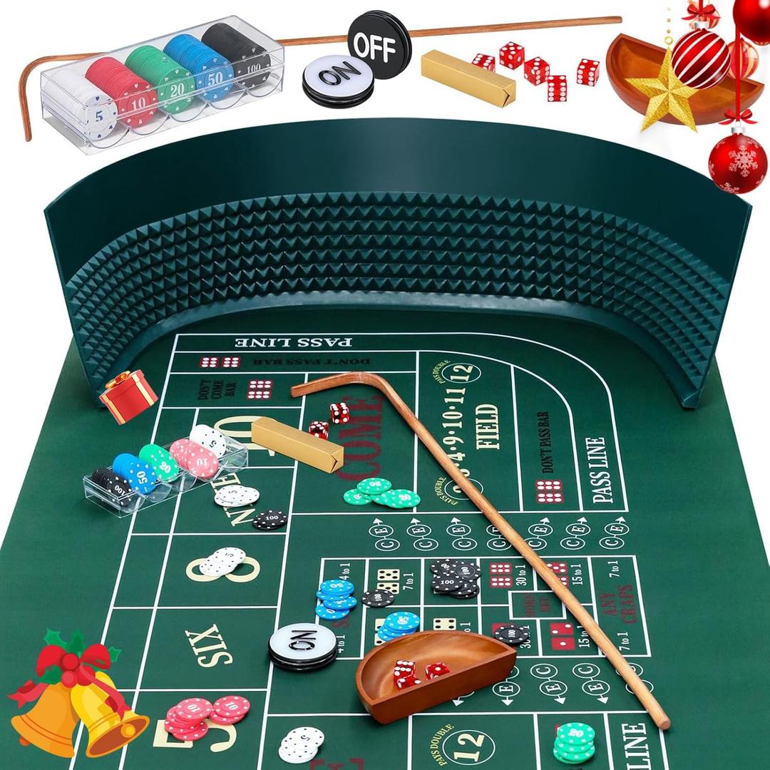 Craps Tabletop Game Set with 35*70" Rubber Craps Tabletop Layout Mat, 48*11" Rubber Craps Diamond Pyramid Bumper, 36" Rattan Stick, Casino Grade 19mm Dice, On/Off Button and 100 pcs Chips