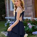 Haloumoning Girls Tie Back Dress Kids Spaghetti Strap Layered Ruffle Summer Beach Sundress 5-6 Years (Blue)