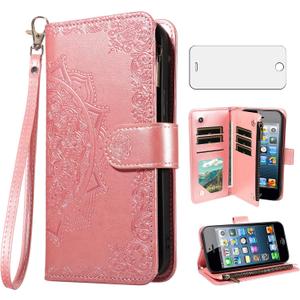 Asuwish Phone Case for iPhone 5/5S/SE 2016 Cell Wallet Cover with Tempered Glass Screen Protector and Flower Flip Credit Card Holder Slot Stand i 5SE 1 1st Gen A1662 A1723 Women Men Rose Gold