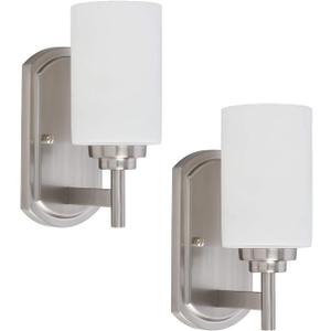 Modern Wall Sconces Set of 2, Bathroom Vanity Lights with White Frosted Glass, Wall Lighting Fixtures Satin Nickel for Entryway Over Mirror Living Room Bedroom