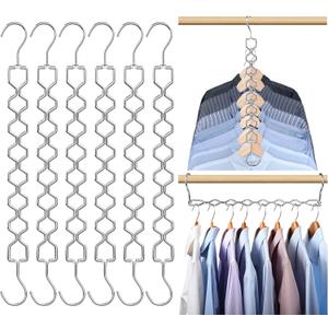 6 Pack Space Saving Hangers for Clothes, Heavy Duty 30Lbs Capacity Magic Clothes Space Saver Sturdy Metal Hanger Organizer with 360 Swivel Hook, Closet Organizers Storage Dorm Essentials Silver