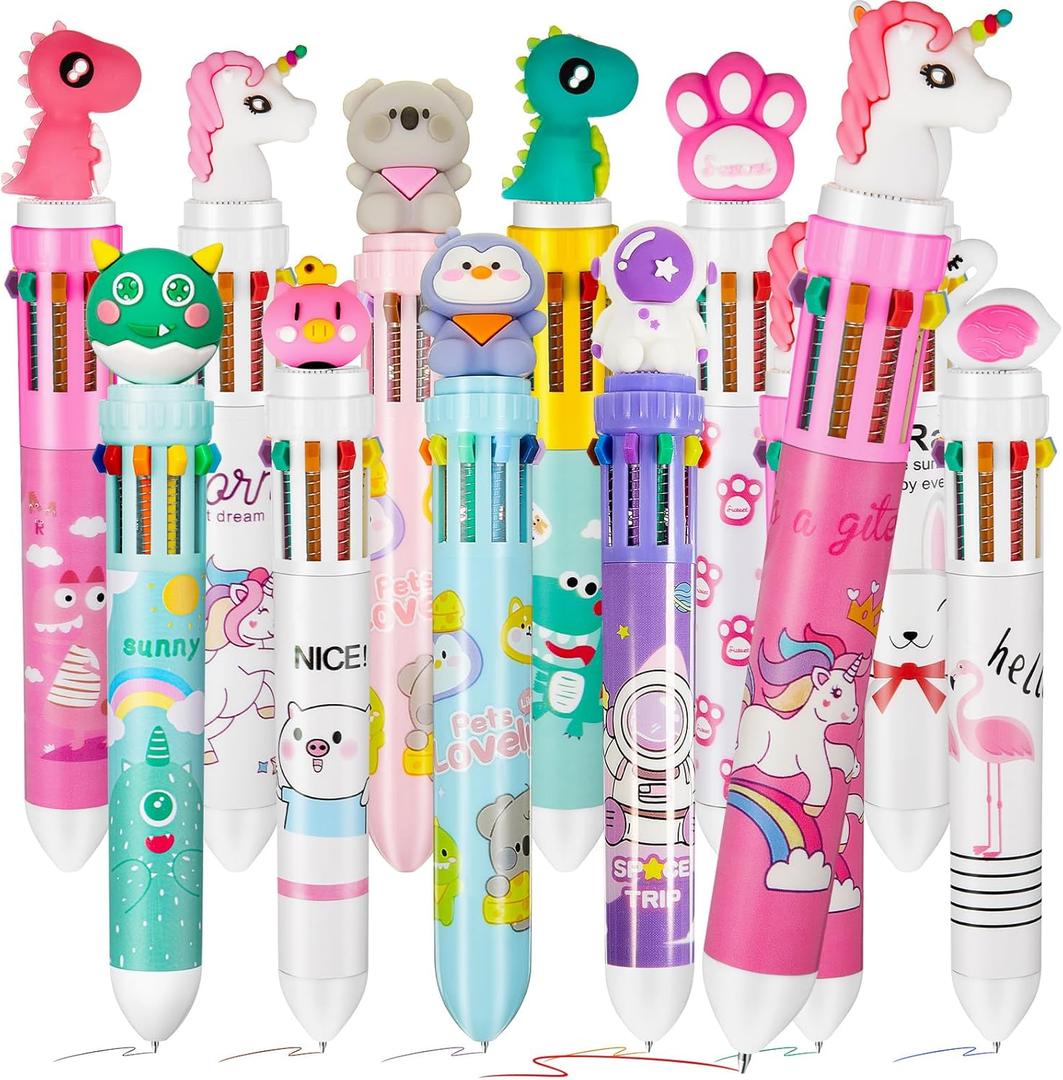 Kosiz 12 Pcs Multicolor Ballpoint Pens 10 in 1 Retractable Colored Cute Cartoon Animal Ballpoint Pens for Office School Supplies Birthday Gifts for Students Kids Gifts