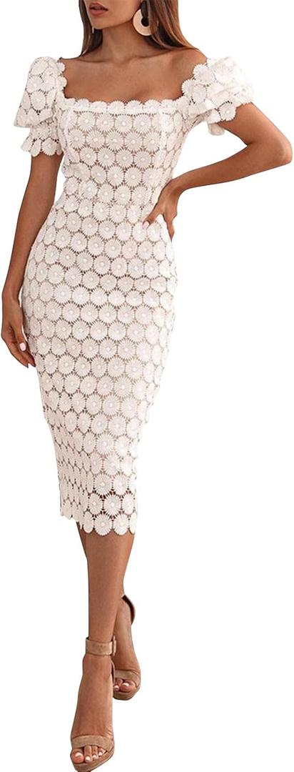 Cololura Elegant Sexy Floral Lace Short Sleeve Off Shoulder Evening Gown Party Formal Bodycon Midi Dress (White, M)