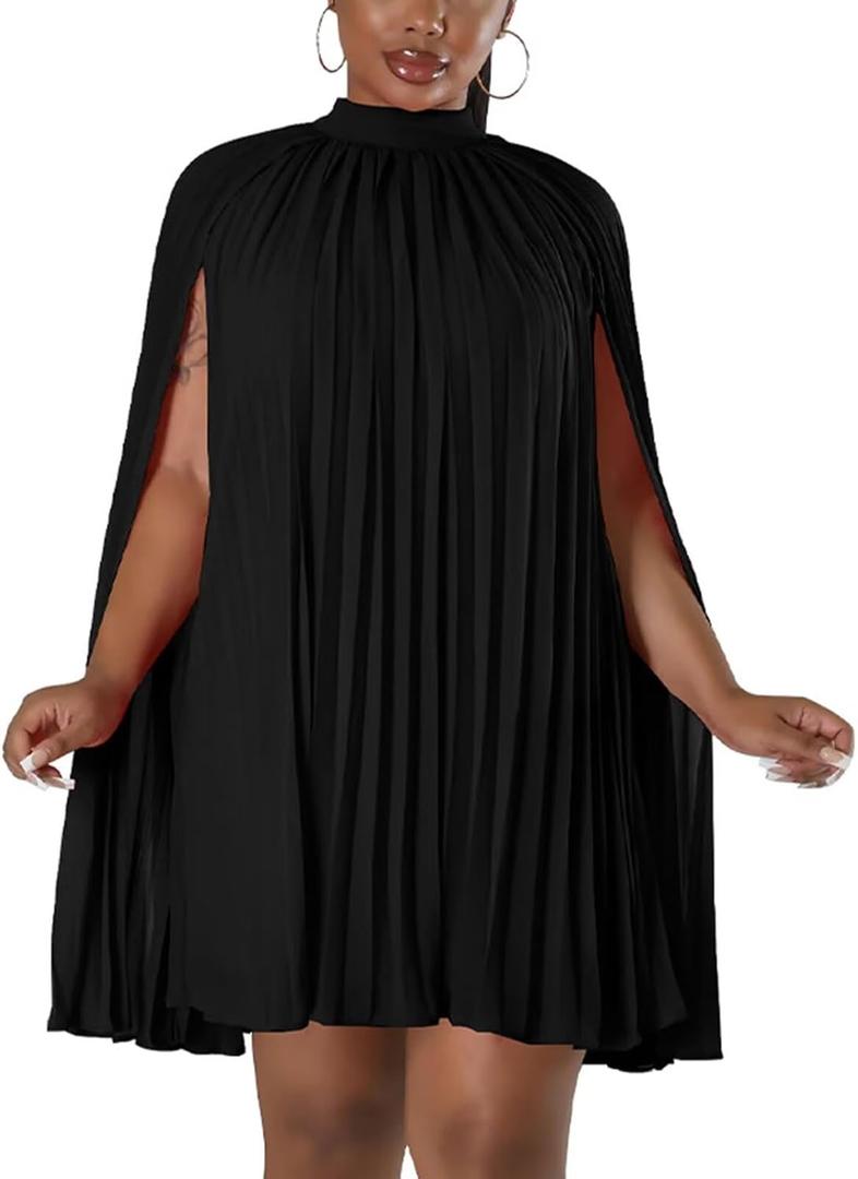 Womens Casual Cape Sleeve Pleated Split Short Dress Loose Fit Cocktail Party Flowy Dress (Medium, 23black)