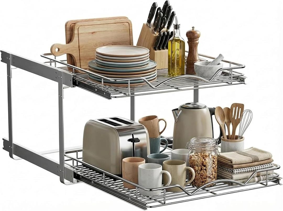 2-Tier Pull-Out Cabinet Organizer with Heavy-Duty Steel Frame, Full-Extension Sliding Shelves, Holds 100 lbs, Easy Install for Kitchen, Pantry & Under Sink Cabinets, 20" W x 21D x 16.5" H