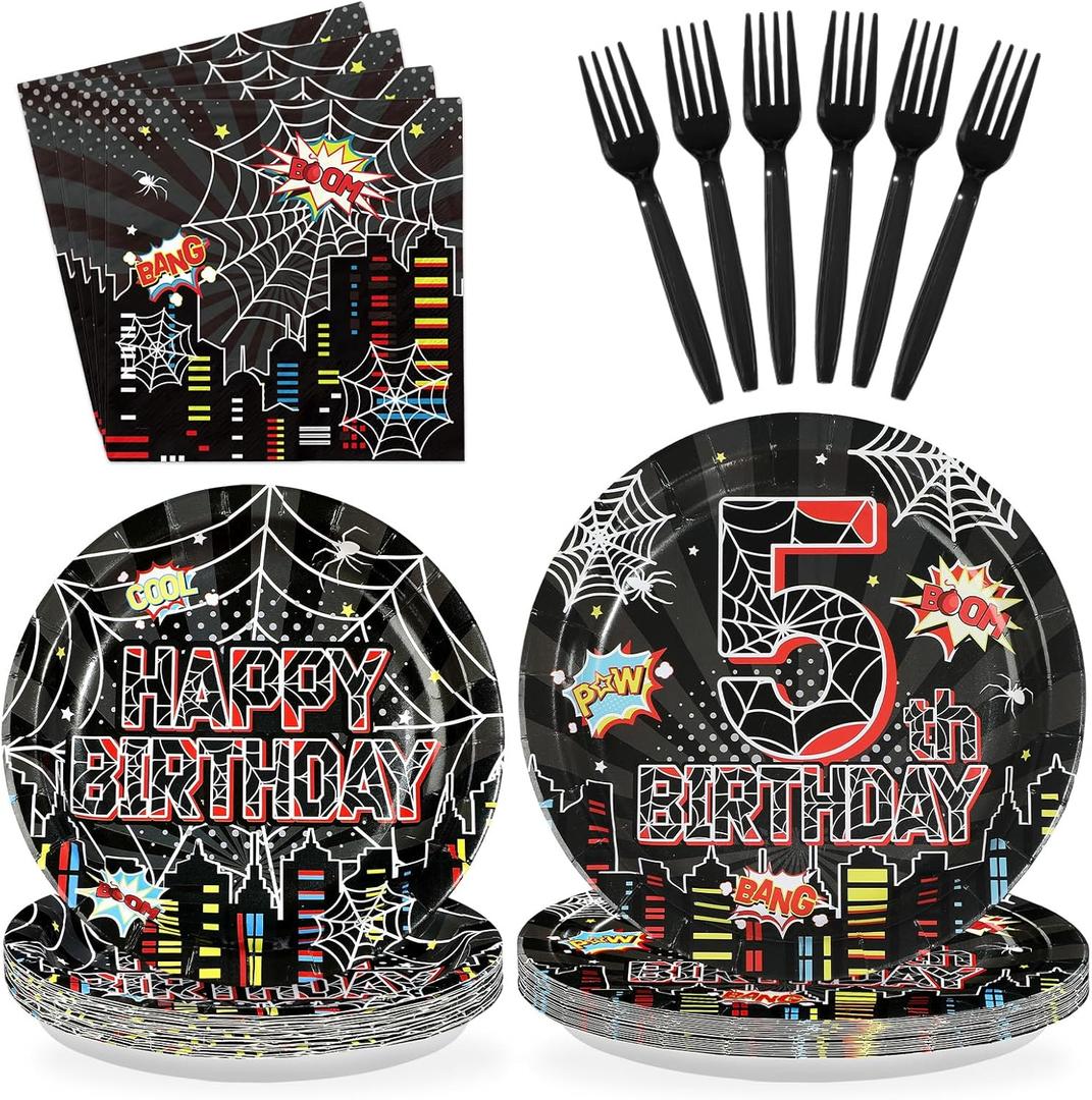 96Pcs Spider 5th Birthday Decorations for Boys Super Theme Hero 5th Birthday Plates and Napkins Black Red Spider Five Years Old Decoration Favors for Kids 5 Year Old Party Supplies Serves 24
