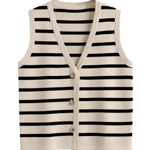Women V Neck Sweater Vest Button Striped Knit Sleeveless Tops Summer Crop Crochet Tank Trendy Business Casual Outfits (Small, Apricot)