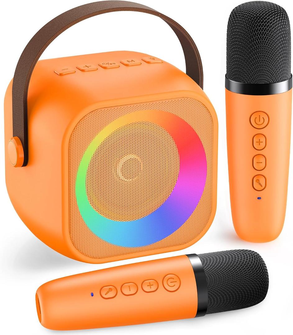 Karaoke Machine for Kids Adults: Mini Portable Karaoke Machine with 2 Wireless Microphones and Lights, Christmas Birthday Gifts for Girls Boys Family Home Party(Orange)