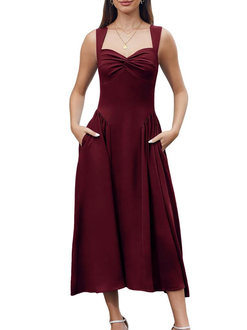 YHHOWEP Women's Formal Midi Dress Wedding Guest Corset Sleeveless Elegant Cocktail A Line Flowy Dresses Semi Formal Sundress with Pockets Burgundy M (Red, M)