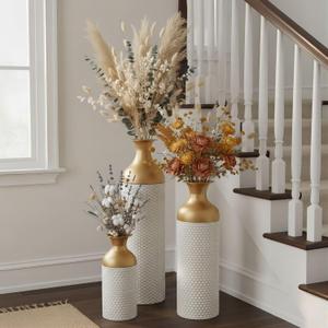 Metal Tall Floor Vase - 3pcs Floor Vases Decorative Tall, White and Gold Big Standing Vases for Fireplace Living Room Living Bedroom Hallway Corner (Gold and White (with Honeycomb)