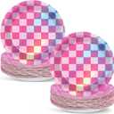50PCS Pink and Iridescent Checkered Party Plates for Iridescent Party Decorations 7 Inches Laser Round Paper Plates Foil Dessert Plate for Girl Birthday Wedding Baby Shower Parties Supplies