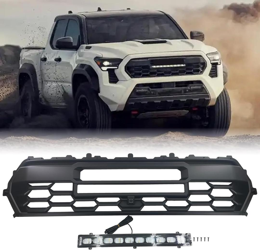 2024 Grill for Tacoma Black Mesh Front Hollow Grille Compatible with 2024 2025 Tacoma Matte Black Front Bumper ABS Grille with Camera Hole, tacoma grill with LED Light Bar