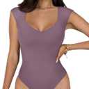 REORIA Butsmooth Women's Trendy Sexy Casual V Neck Double Lined Sleeveless Slimming Going Out Tank Top Bodysuits (M, Grey Purple)