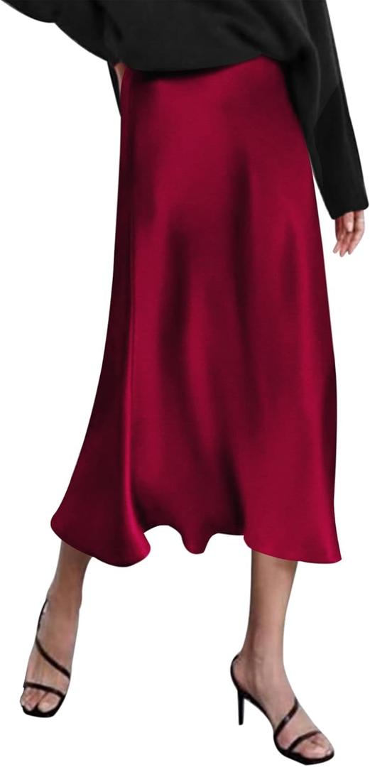 Zeagoo Skirts for Women High Waist Skirt Elegant Midi Skirt Satin (X-Large, Wine Red)