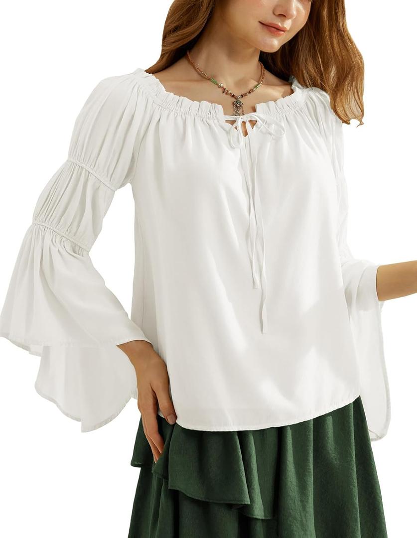Scarlet Darkness Women Renaissance Shirt Off Shoulder Bell Sleeve Ruffle Casual Loose Peasant Tops (Medium, Ivory)