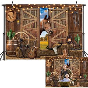 Western Rodeo Party Backdrop Wild West Cowboy Rustic Wooden Barn Door Horse Background Western Themed Boy Girl Birthday Photo Shoot Props (Brown, 2.4x1.8m)