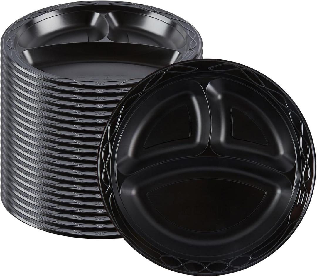 Restaurantware RW Base 10.4 Inch Microwavable Food Plates, 100 Round Plastic Plates - 3 Compartments, Disposable, Black Plastic Dinner Plates, Serve Hot And Cold Foods, For Restaurants And Cafes