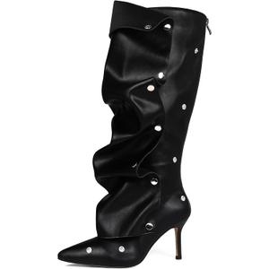 women's Knee High Boots Stiletto Boots Pointed Toe Heels knee high boots wide calf Detachable Snap-off Buttons Slouchy Boot (9, Black Pu)