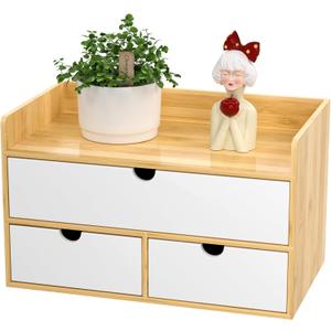 Desk Organizer with Drawers - Bamboo Desktop Organizer Storage | Natural-White Wood Desk Drawers Organizer for Bills, Office Supplies, Cosmetics, Seals No Assembly Required