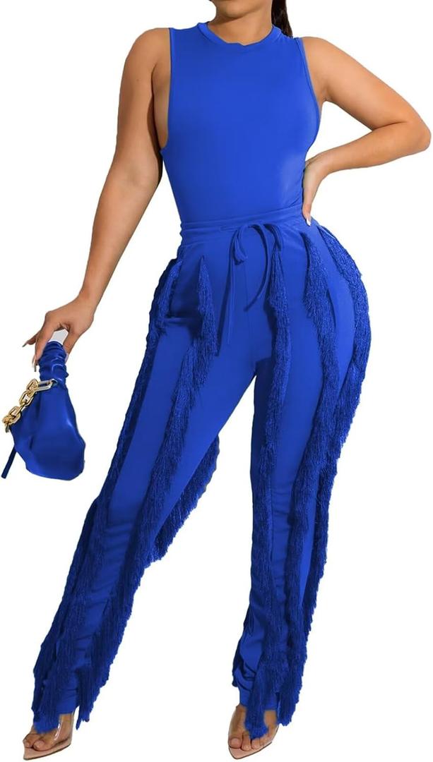 EDITCOZY Women Sexy Two Piece Outfits Fringe Pants Set Tassel Club 2 Piece Sets Going Out Birthday Party Night (Blue, XXL)