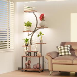 Plant Stand Indoor with Grow Lights, 61" Tall 8 Tiered Indoor Plant Shelf with 4 Wheels, Multi-tier Flower Pot Holder, Flower Stand for Multiple Plants, S-Shaped Plant Rack for Garden, Balcony, Patio