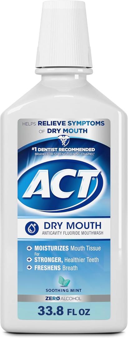 ACT Dry Mouth Anticavity Zero Alcohol Fluoride Mouthwash, Soothing Mint, 33.8 fl. oz.