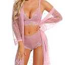 RSLOVE Women Lingerie Set with Robe - 3 Piece Lace Bra and Panty Set Sexy Sleepwear for Bridal Honeymoon Anniversary Pink XXL