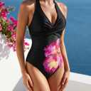 SUUKSESS Women Sexy Tummy Control One Piece Swimsuits Halter Push Up Monokini Bathing Suits (Black Red Floral, L)
