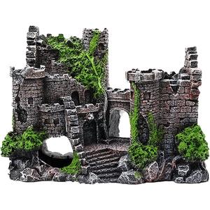 IBWell Ancient Castle Design Resin Aquarium Decoration Hideouts Stone Cave Hide House, Fish Tank Accessories for Betta Shrimp Turtle