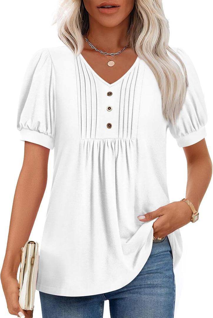 Findsweet Women's Summer tunic Tops Casual Dressy Blouses Short Sleeve Shirts L, White