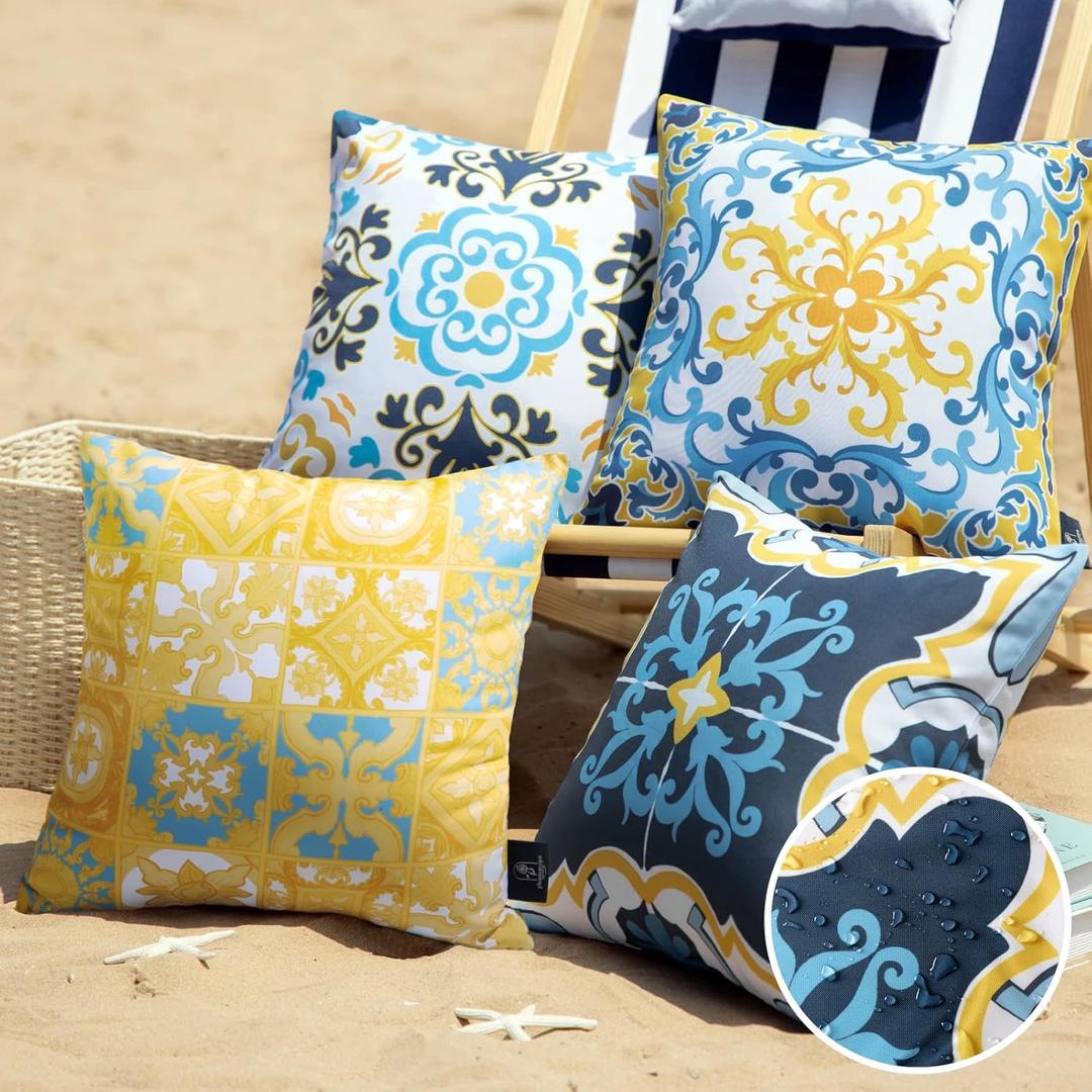 Phantoscope Set of 4 Outdoor Waterproof Throw Decorative Pillow Cover Geometric Boho Farmhouse Outdoor Pillows Cushion Case for Patio Furnitures Tent Sunbrella, Blue and Yellow 17x17 Inches