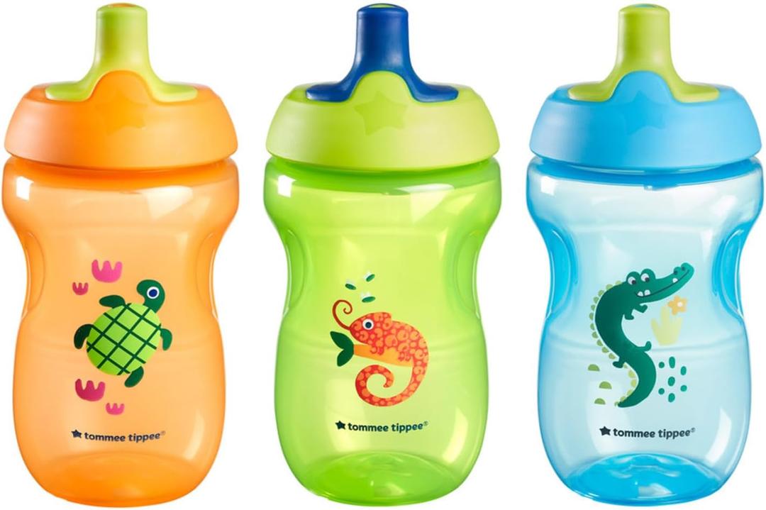 Tommee Tippee Sportee Water Bottle, for 12m+, 10oz, Pack of 3 Non-Spill Sippy Cups for Toddlers, Orange, Green and Blue, with Bite-Resistant Spout, Easy-Hold and BPA Free (Small)