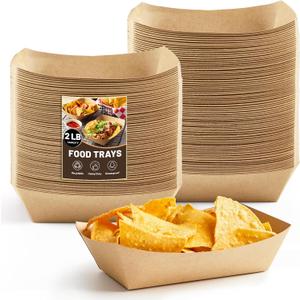 2 Lb Paper Food Trays - 100 Pack Disposable Nacho Trays Brown Food Boats Take Out Basket Holders for Serving Party Snacks Hot Dogs Tacos Fries
