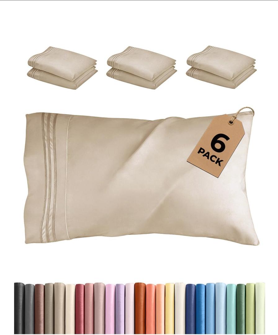 Standard Pillow Cases Set of 6 - Ultra Soft Hotel Quality Pillowcase Covers - Comfy, Cozy & Wrinkle Free - Shrink, Stain and Fade Resistant - Machine Washable Pillow Protectors - 6 Piece Set - Wheat