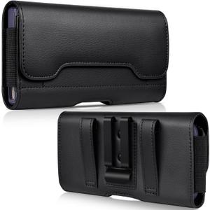 ACCKUO Leather Phone Holster with Strong Metal Belt Clip and Card Holder Compatible with iPhone 17 16 15 14 13 12 and Pro, Galaxy S26 S25 S24 S23 S22 S21 S20 for Everyday Protection, M-Black