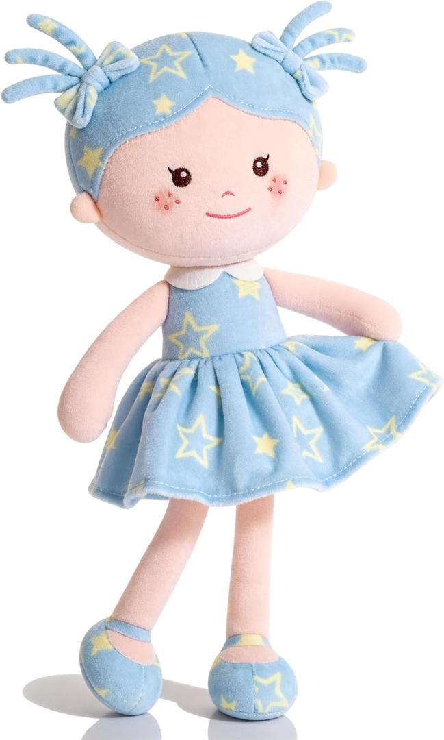Onetoo First Baby Doll Plush Rag Doll Baby Girls Dolls Soft Baby Doll for Girls Wear Star Blue Sleeveless Dress 14"