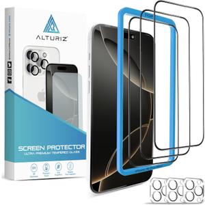 ALTURIZ 3-Pack Screen Protector for iPhone 16 Pro Max [6.9 inch] + 3-Pack Camera Lens Protector with Easy Installation Frame [9H Hardness][Shatterproof Tempered Glass][Bubble-Free][3+3 Pack]