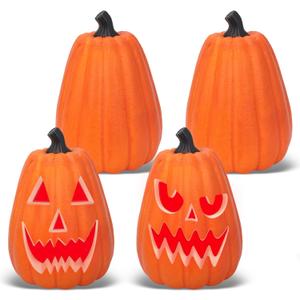 Lanpn 10 Inch Halloween Carvable Pumpkin 4 Pcs, Large Light up LED Artificial Foam Tall Carved Pumpkins Jack O Lantern with Emoji Templates Paints for Fall Autumn Thanksgiving Harvest Indoor Decor