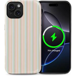 for iPhone 15 Case for Women Girl Men Boy, Compatible with MagSafe, Shockproof Soft Silicone & Hard PC Shell Protective Case for iPhone 15 - Pastel Stripe Aesthetic Beachy