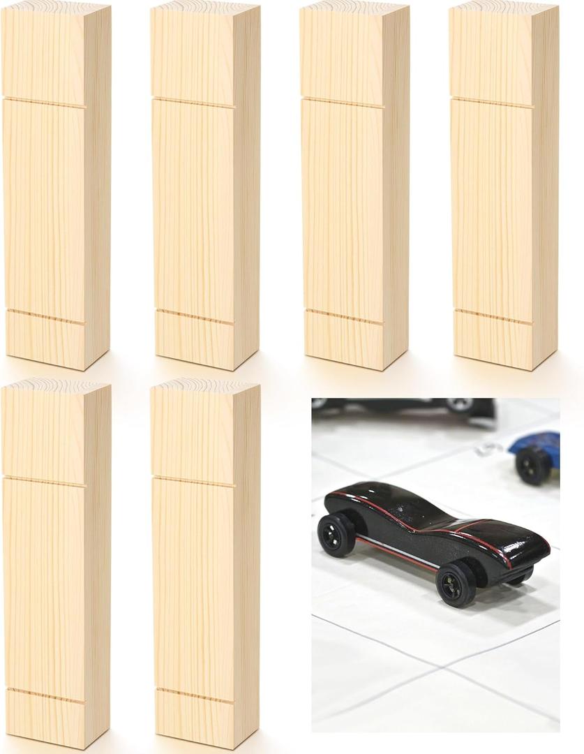 Cinnvoice 6 Pcs Derby Car Kit Body Blocks, Pinewood Block Race Pre-Cut Car Body Blocks with Pre-drilled Axle Holes for DIY Shape Paint Race Cars Racing (Wheels & Axles Not Included) (Regular Style)