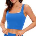 CRZ YOGA Butterluxe Womens Square Neck Longline Sports Bra - Workout Crop Tank Tops Padded Yoga Camisole with Built in Pads (Large, Sparkle Blue)