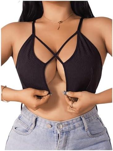 RoseSeek Women's Plus Size Criss Cross Front Closure Bra Cut Out Ribbed Knit Wireless Bralettes, 1XL
